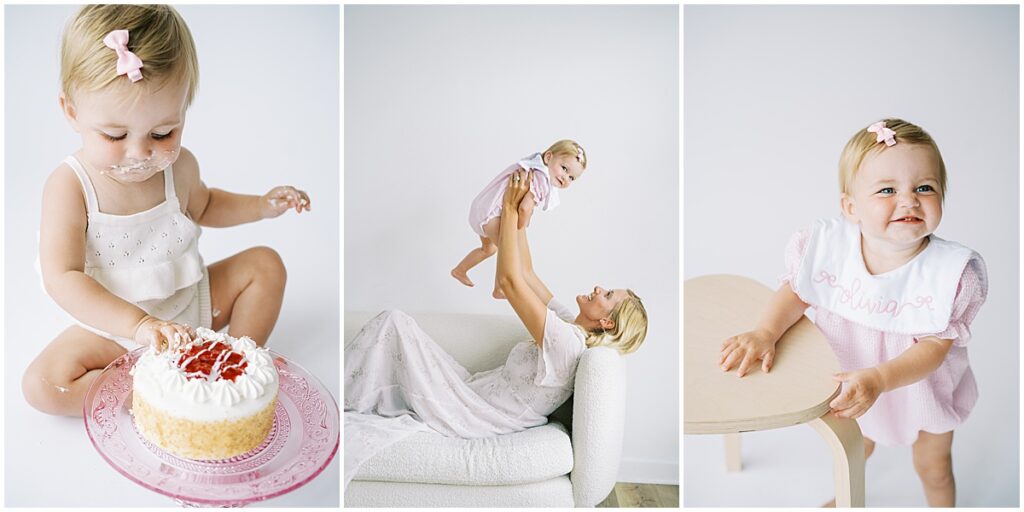 baby eating her smash cake during her one year milestone photos