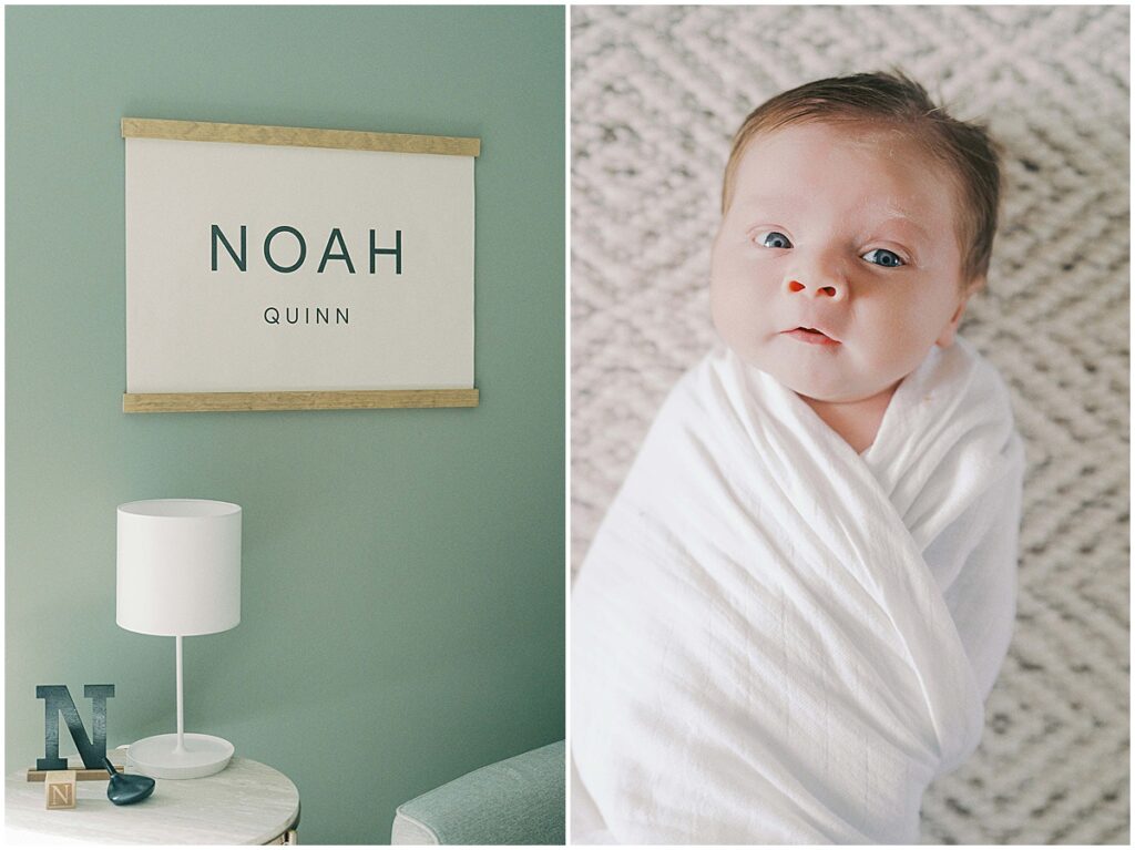 Kaitlin Mendoza captures Carmel, Indiana newborn photography of baby Noah during an in-home photo session.