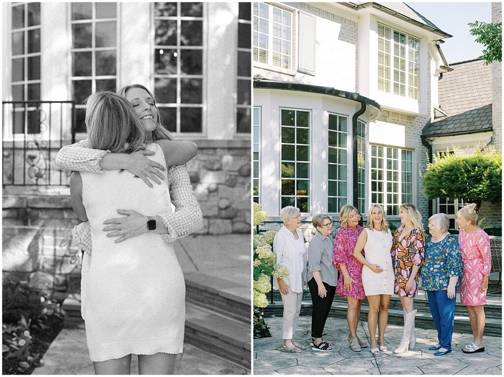 Event photography of guests hugging at summer baby shower