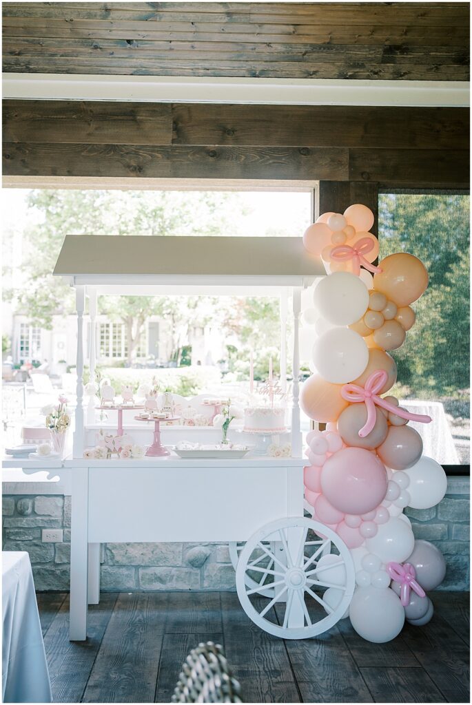 Bows and balloon tower for French themed baby shower in Carmel
