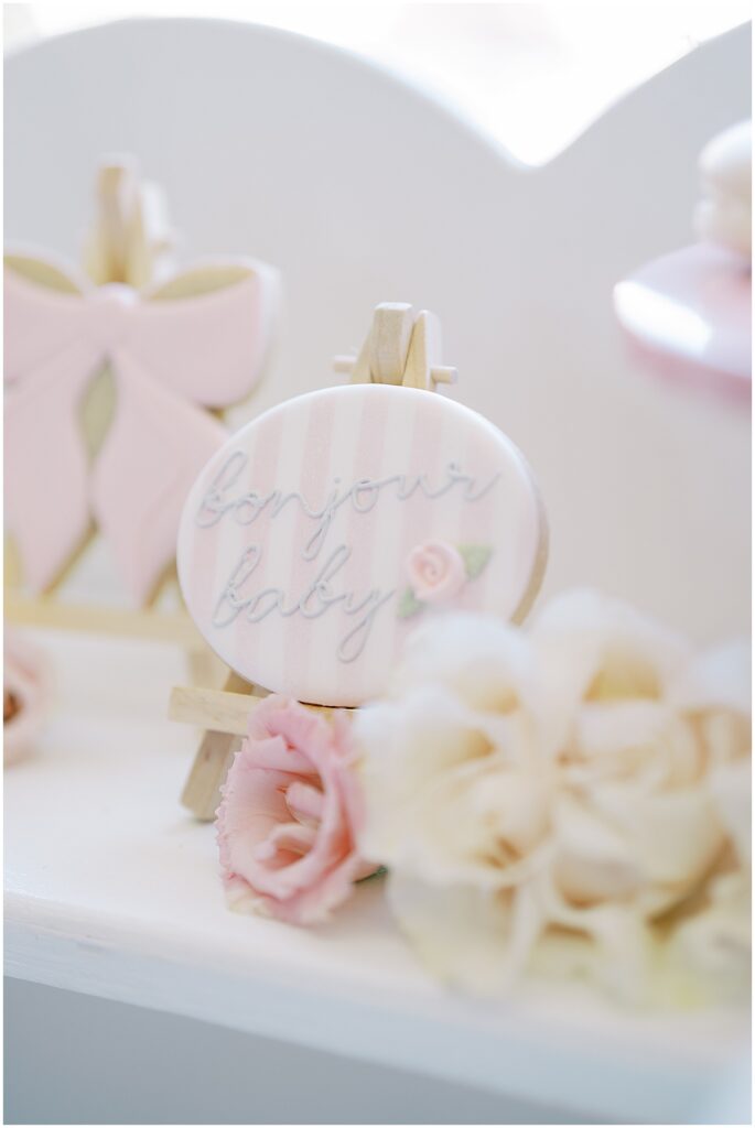 Bonjour Bébé themed Carmel, Indiana baby shower custom cookies