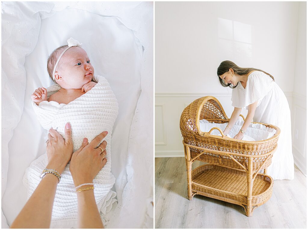 Mother puts newborn in bassinet during in home photo session in Fishers Indiana