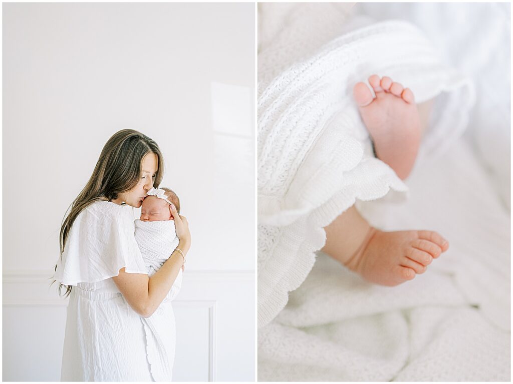 Mother holds newborn in all white studio session