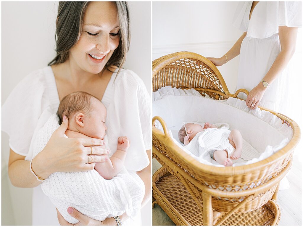 Mother puts newborn in bassinet during in home photo session in Fishers Indiana