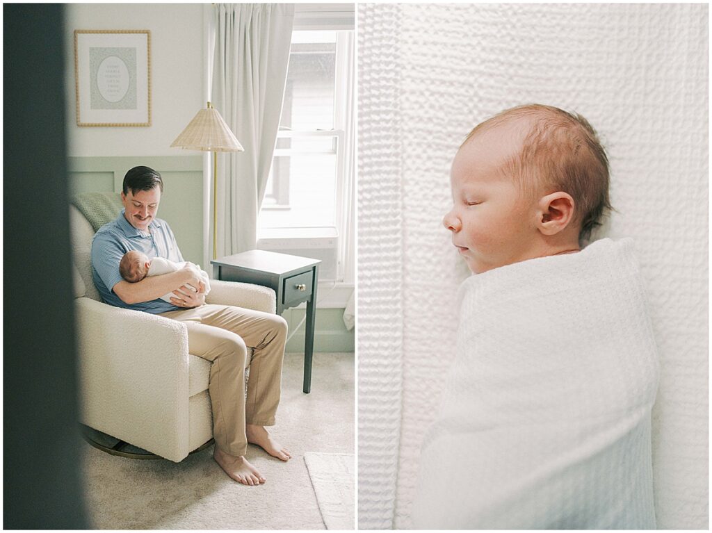 Dad holds son in mint and cream nursery