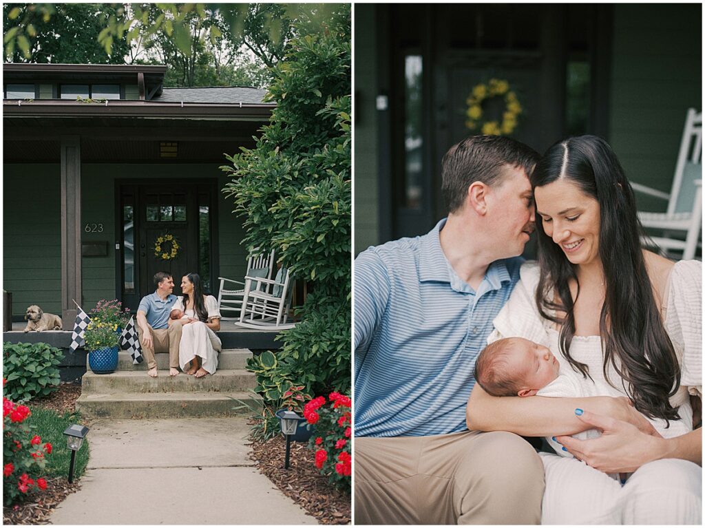 Front porch newborn session at Meridian Kessler Indianapolis neighborhood