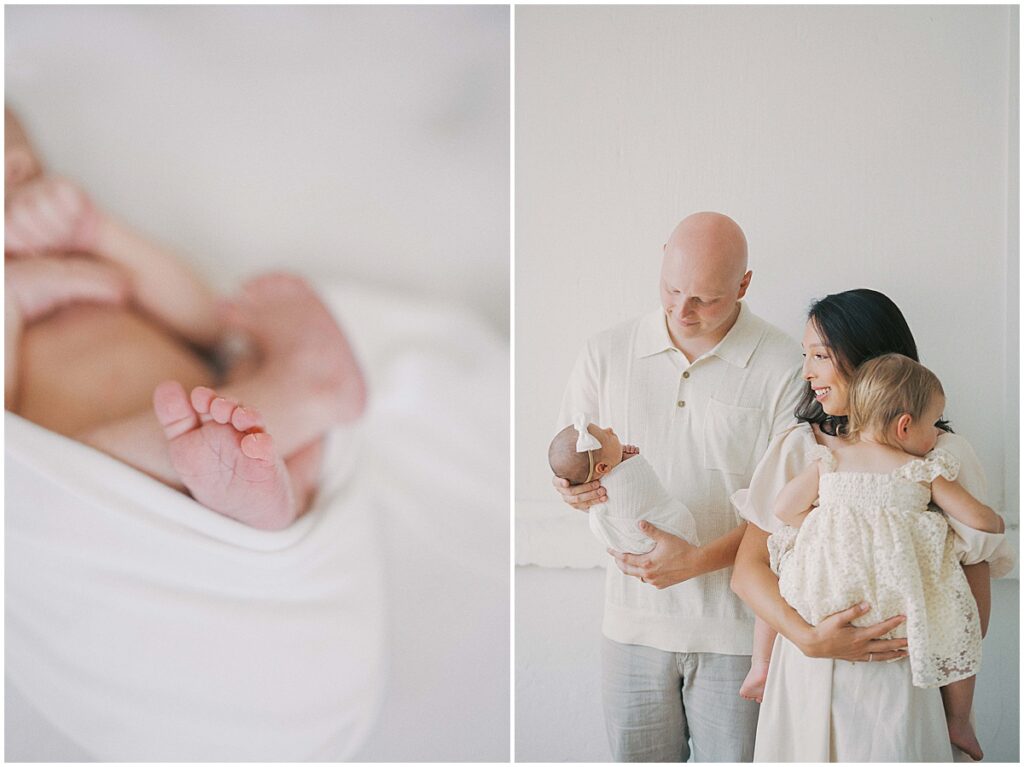 Details of white swaddled newborn during studio session