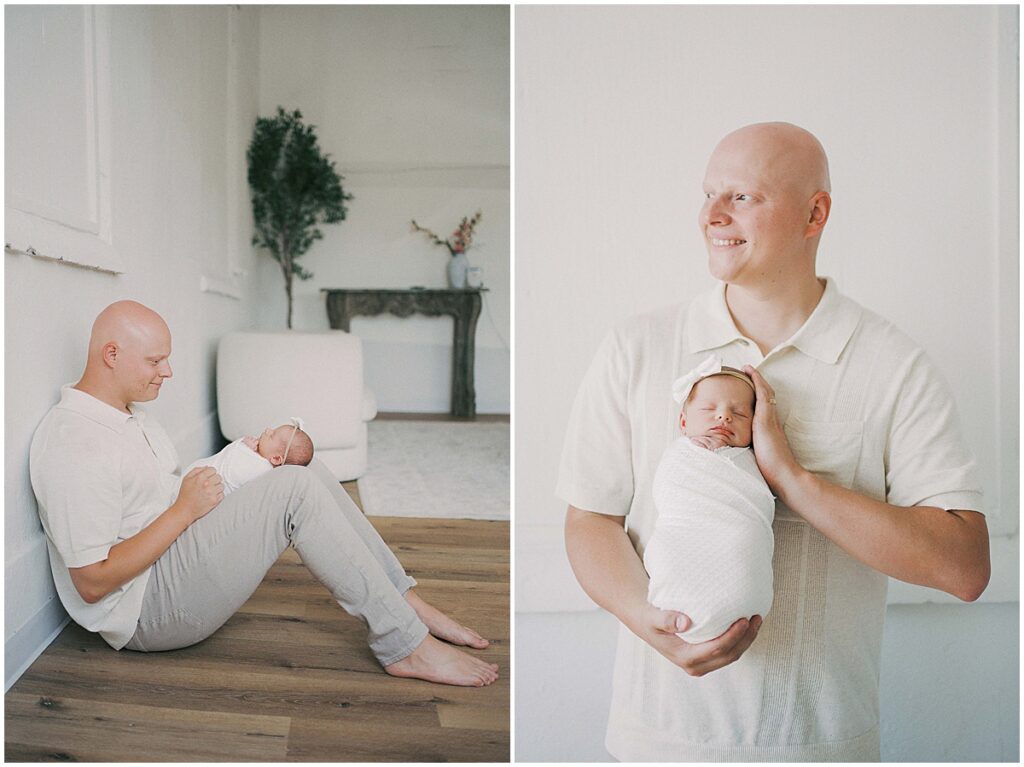 Dad holds daughter in cream and gray newborn studio session in Indianapolis