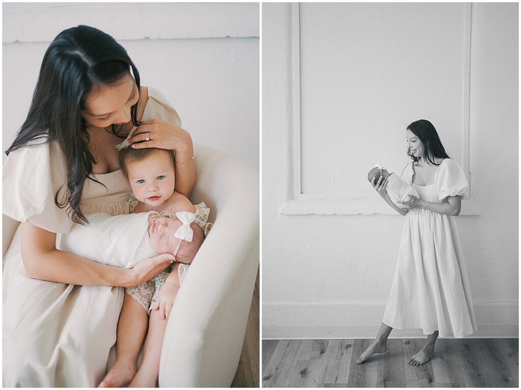 Mom holds daughters during newborn session in Indianapolis studio