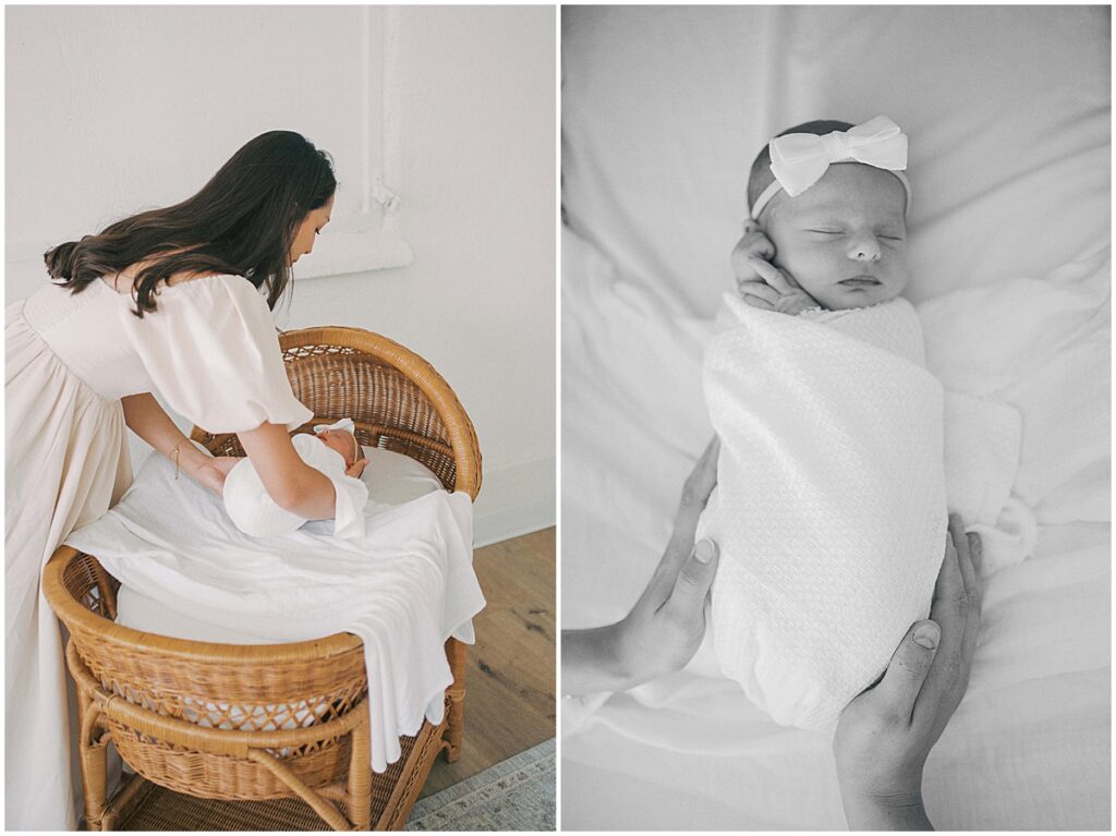 Mom swaddles baby in all white during newborn studio session
