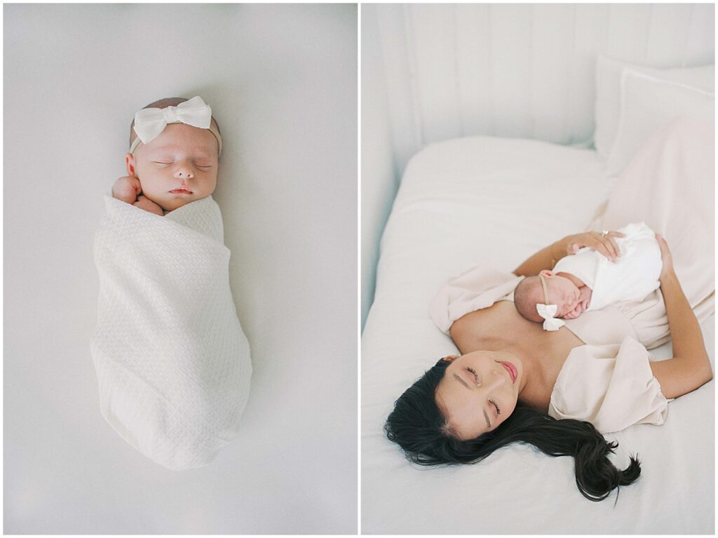 Mom holds newborn with white bow in Indianapolis studio session