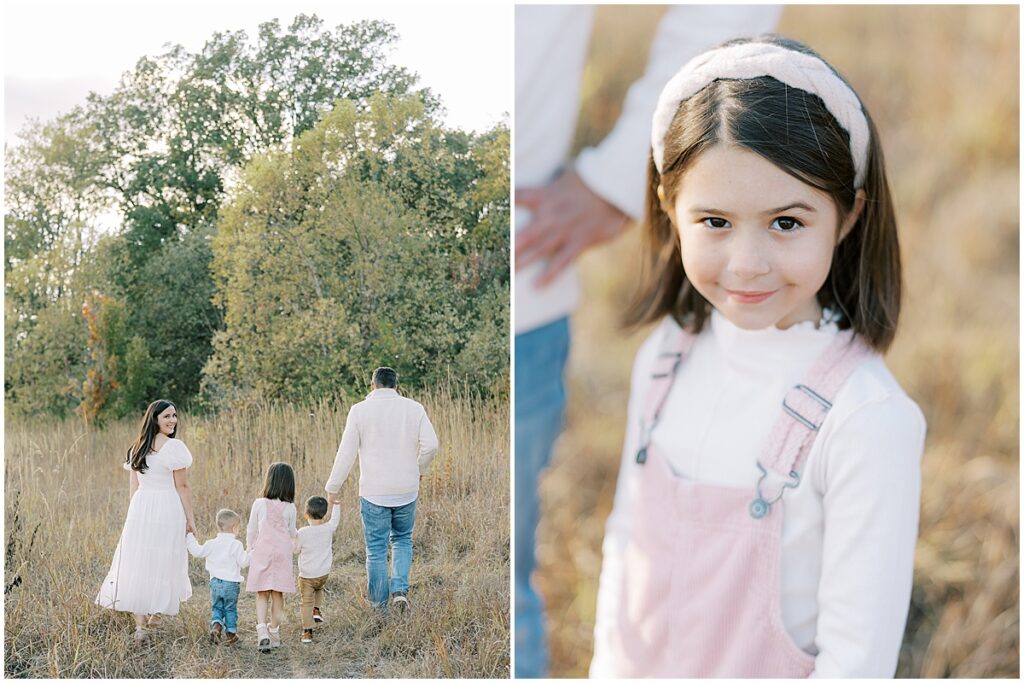 Detailed photo of daughter in light pink overalls during Carmel Indiana family photo session
