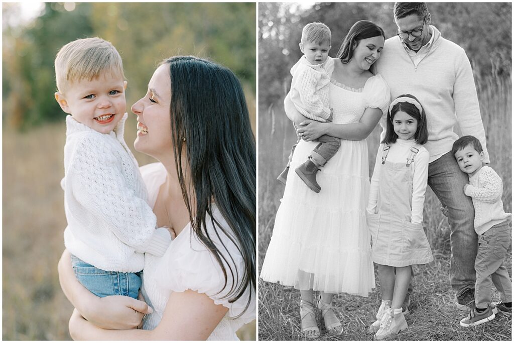 Little boy in white sweater laughs during Central Park Fall photo session