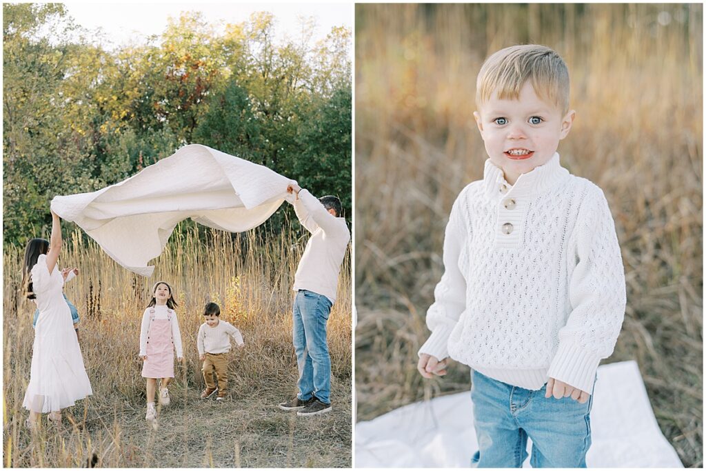 Kids run under blanket during fall photo session in Central Park Carmel Indiana