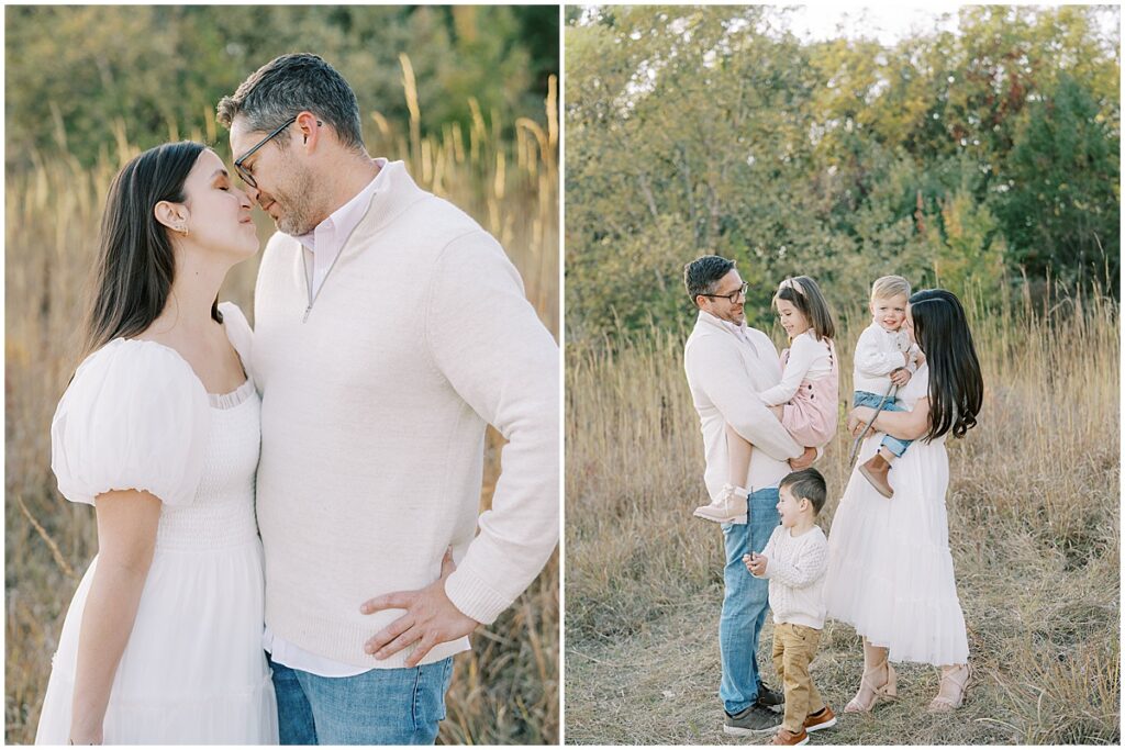 Parents in white get close during family fall photos
