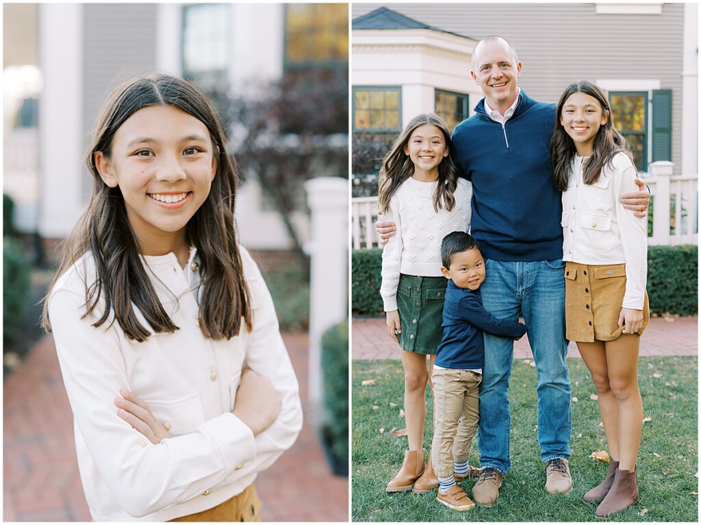 Daughter in cream jacket stands in front of Ambassador House in Fishers Indiana