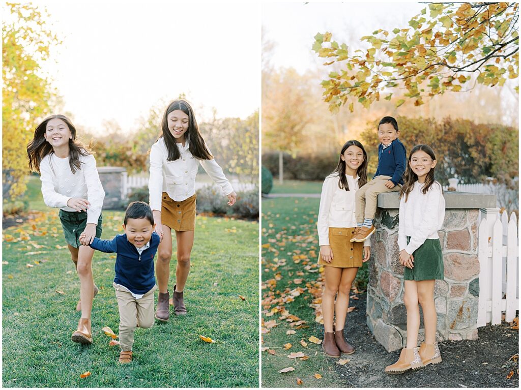 Brother laughs with sisters near colorful fall leaves in Indianapolis