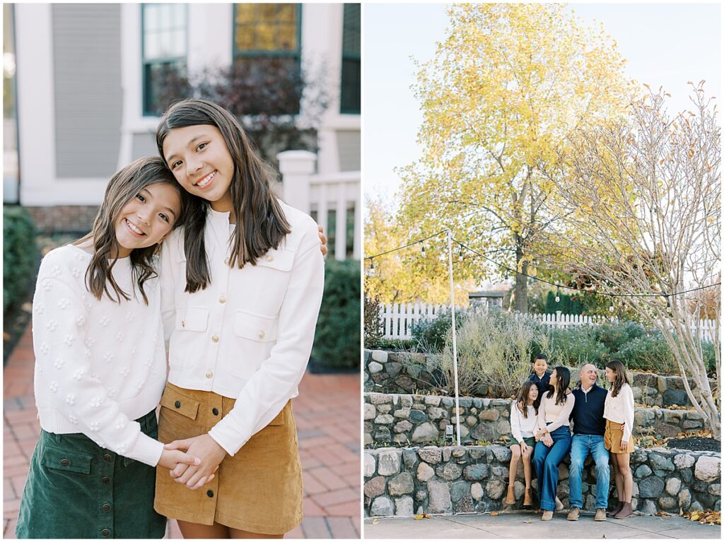 Family sits on stone steps in front of yellow fall leaves in Indianapolis