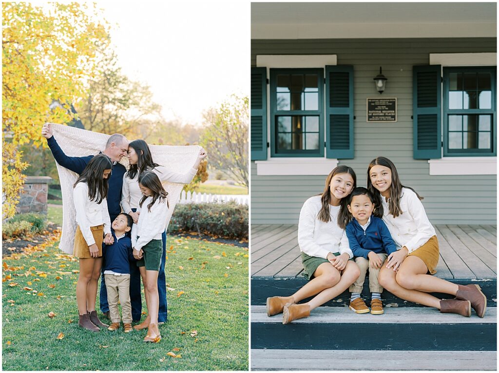 Family of 5 wrapped in blanket during fall photos in Indianapolis