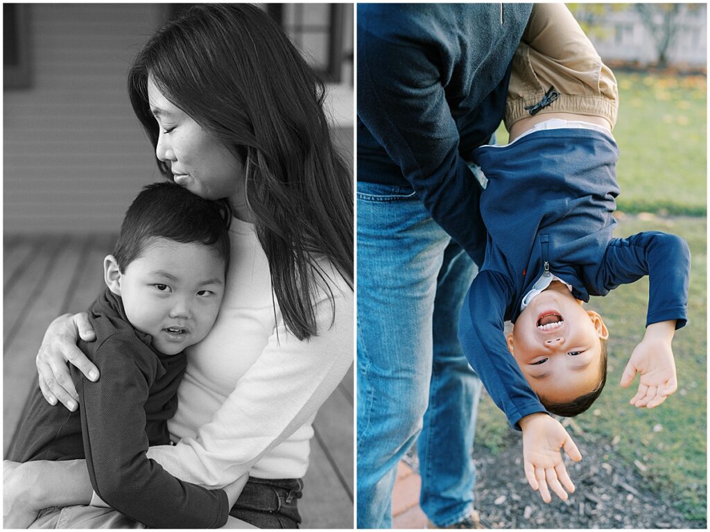 Young boy in navy enjoys fall family photos in Indianapolis