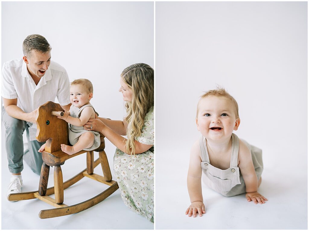 Boy on rocking horse in Indianapolis milestone studio photos