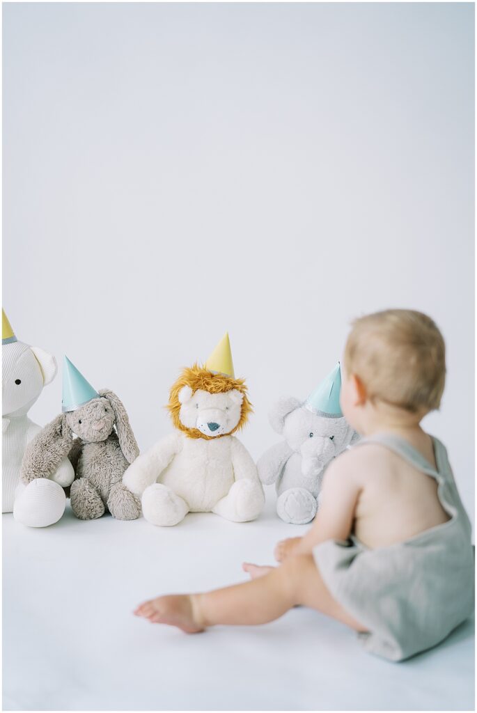 First birthday party with stuffed animals during Indianapolis cake smash session