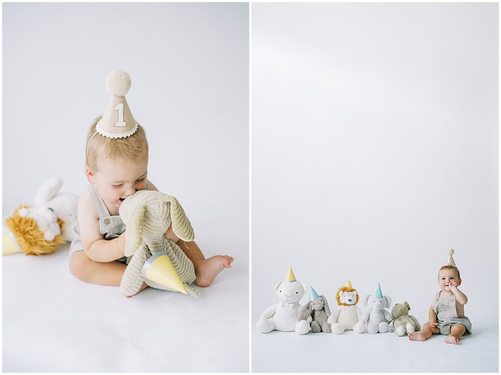 First birthday cake smash session with stuffed animals in party hats