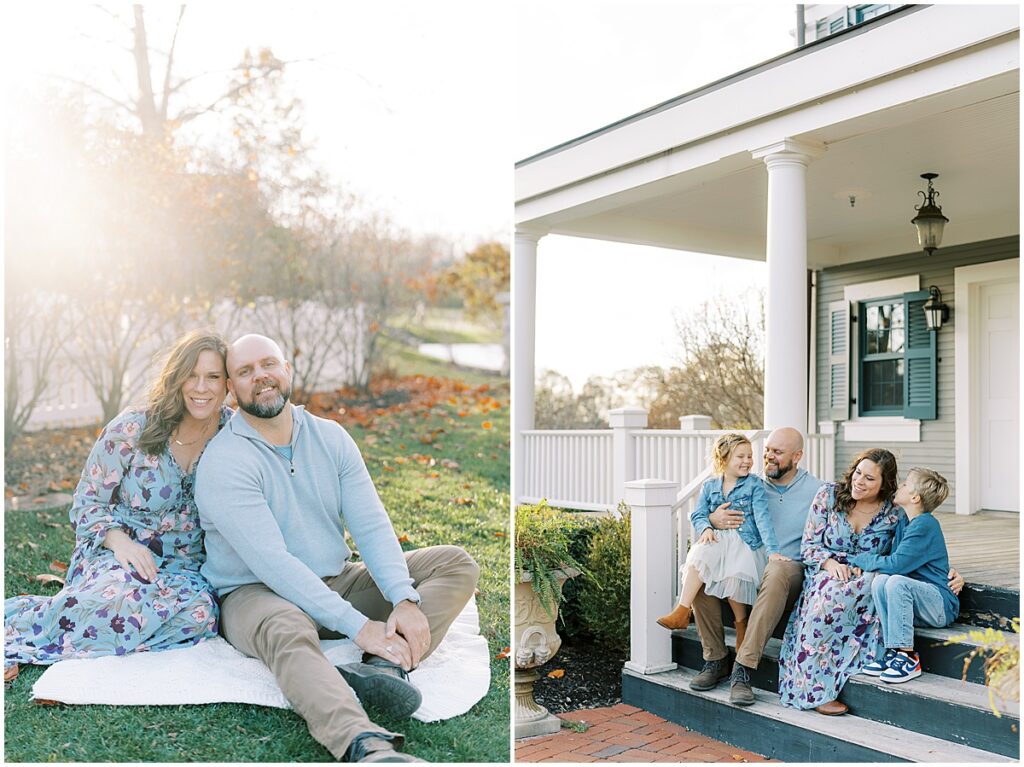 Family sits on steps of The Ambassador House for fall mini session