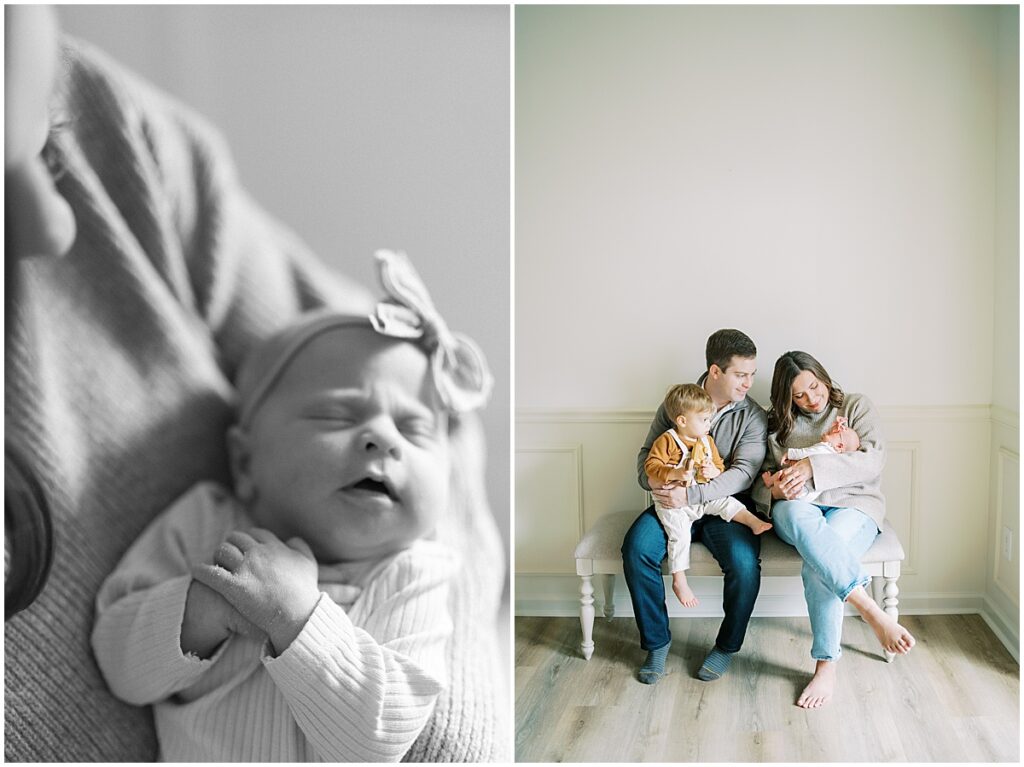 Family sits on bench in casual studio session in Indianapolis