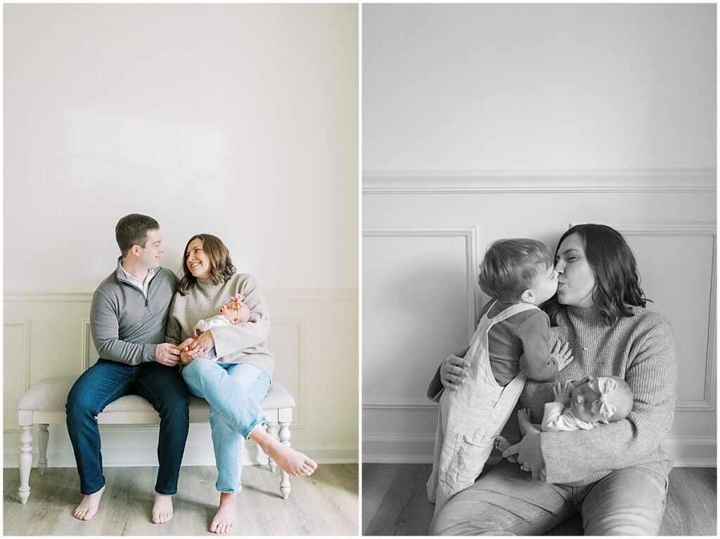 New big brother kisses mom during Indianapolis newborn photos