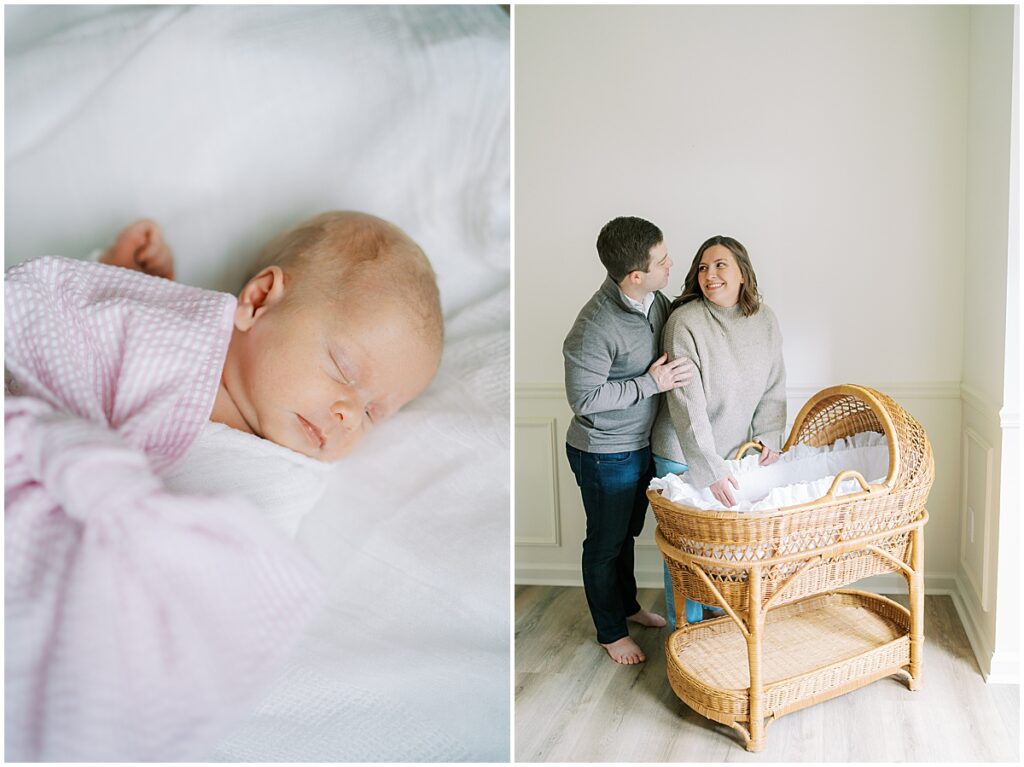 Newborn in cradle during studio newborn photos