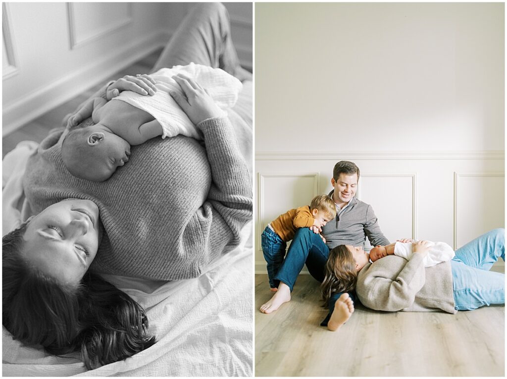 Mom lays newborn on chest during studio session in Indianapolis