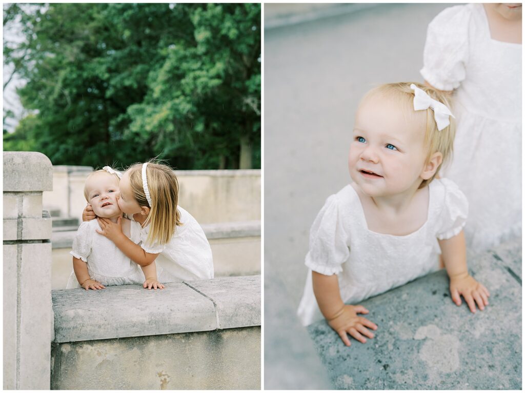 Sisters in white dresses enjoy family photos in Carmel Indiana