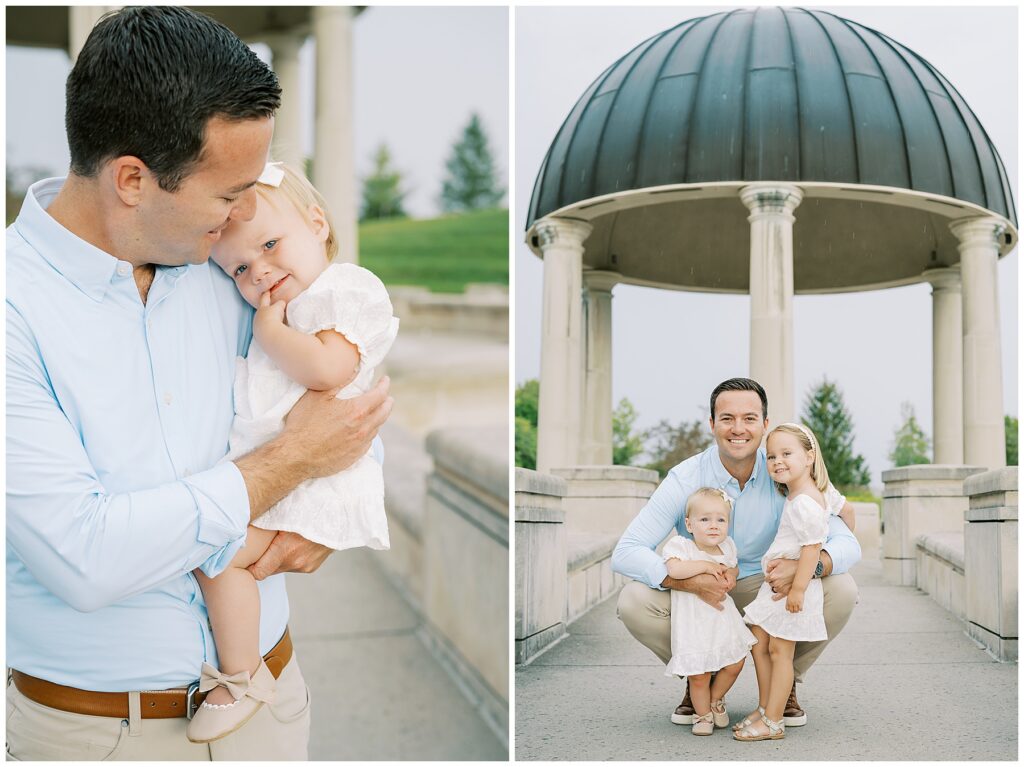 Dad hugs daughters on spring day in Carmel Indiana