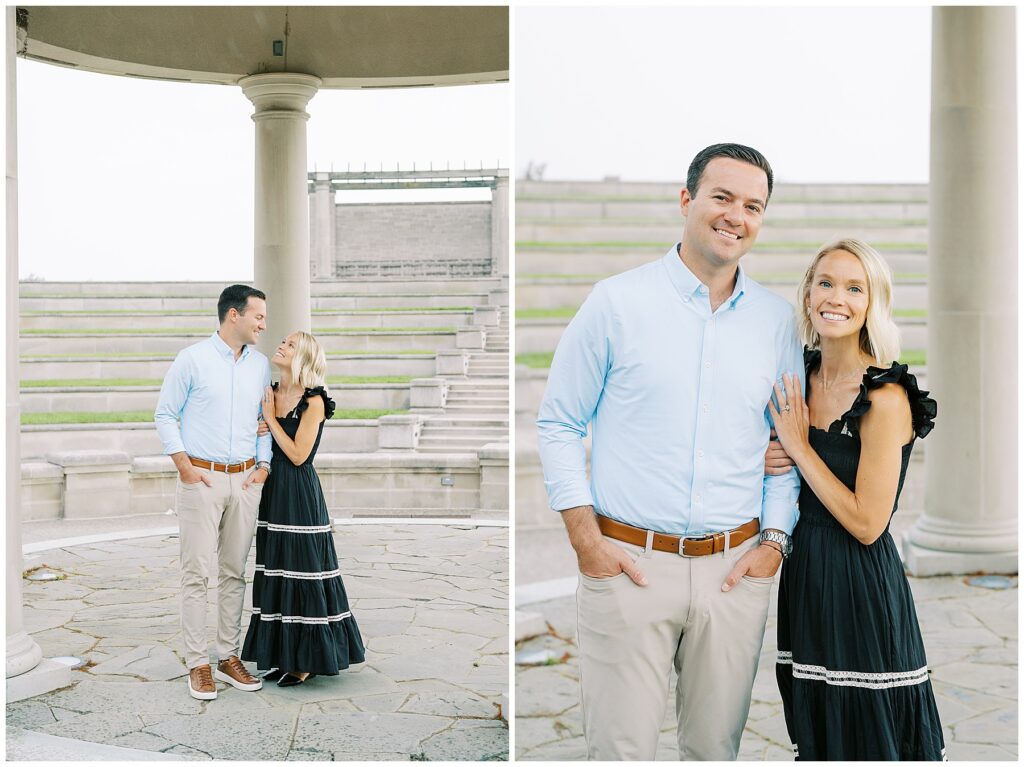 Couple stay close in front of stepped landscape at Coxhall Gardens in Carmel Indiana