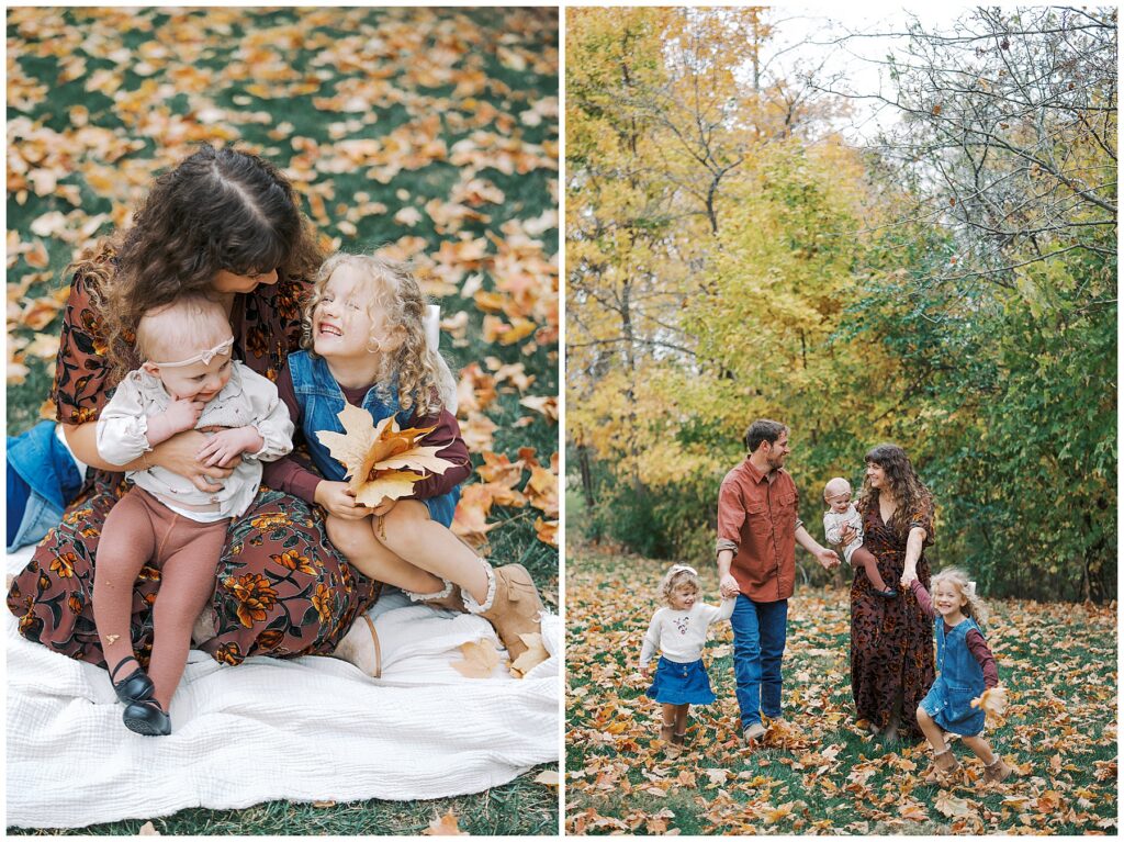 Family plays in fall leaves during photo session in Indianapolis