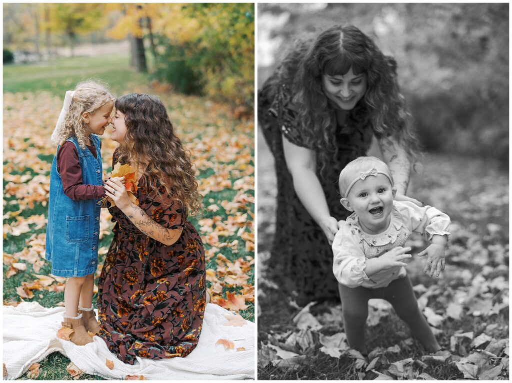 Mother and daughters laugh together during in home fall photos in Indianapolis