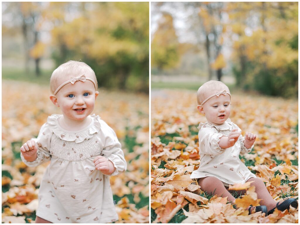 Toddler playing in fall leaves during in home Indianapolis family photos