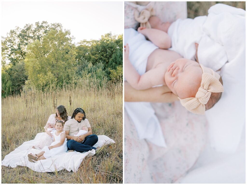 Newborn with tan bow in Carmel Indiana family photo session