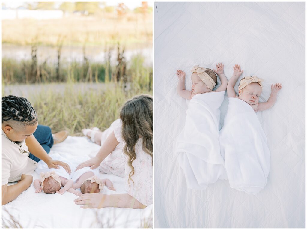Twin newborn girls on blanket during family photo session in Carmel