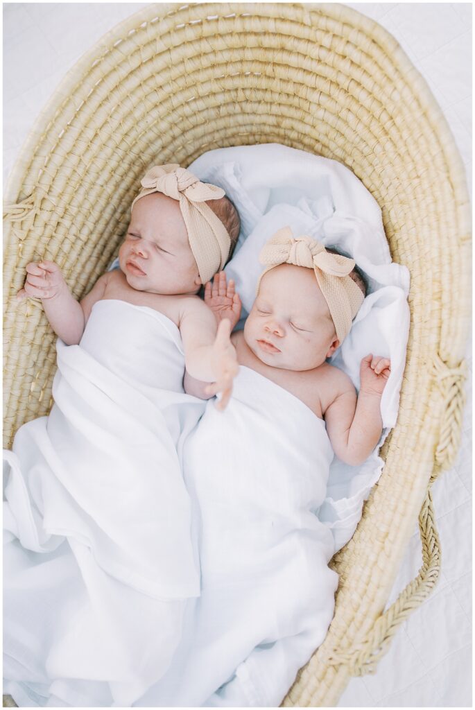 Twin newborn girls in moses basket during family photo session in Carmel