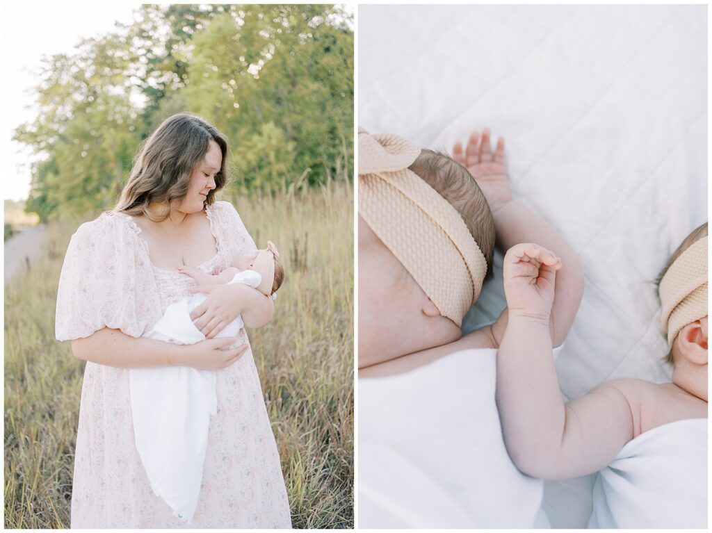 Mom in field holding twin newborns during family photo session