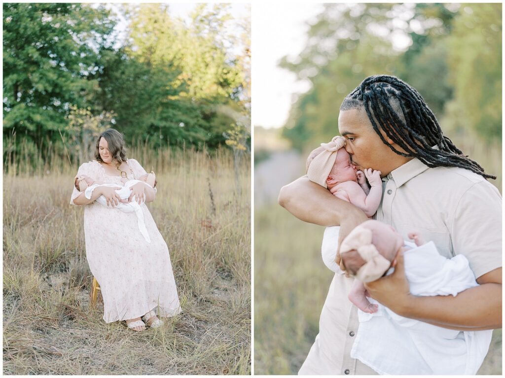 Parents hold twin newborns in neutral tones