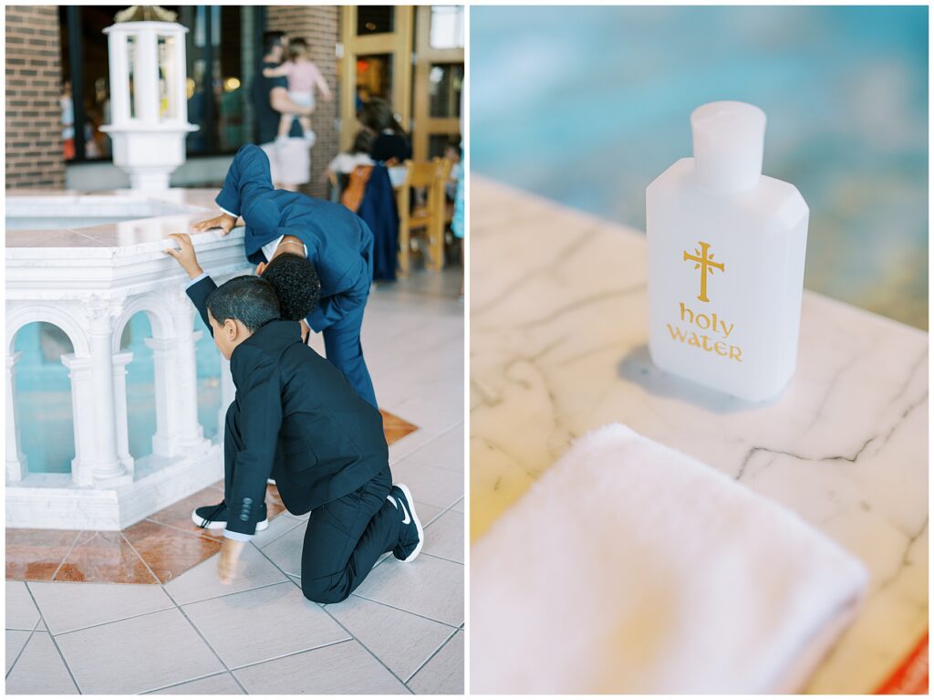 Event photos of guests looking at baptismal font in Carmel Indiana