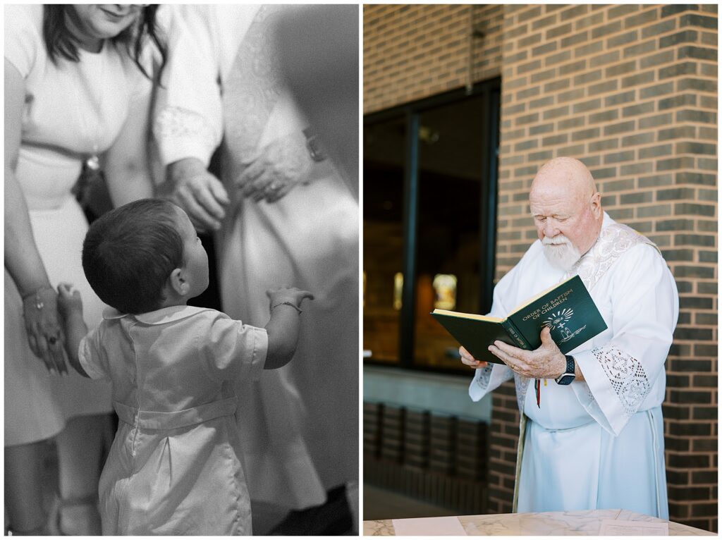 Child listening to priest at baptism in Carmel Indiana
