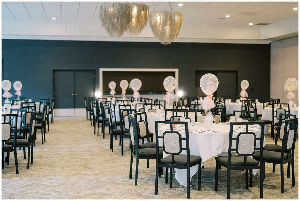 Table setting with confetti balloons at Baby Shower at Ritz Charles in Carmel, Indiana