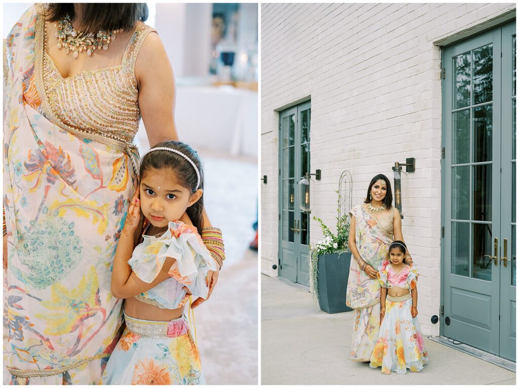 Mother and older sister portraits outside Baby Shower at Ritz Charles in Carmel, Indiana