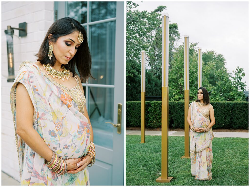 Mother posing outside in sahri for Baby Shower at Ritz Charles in Carmel, Indiana