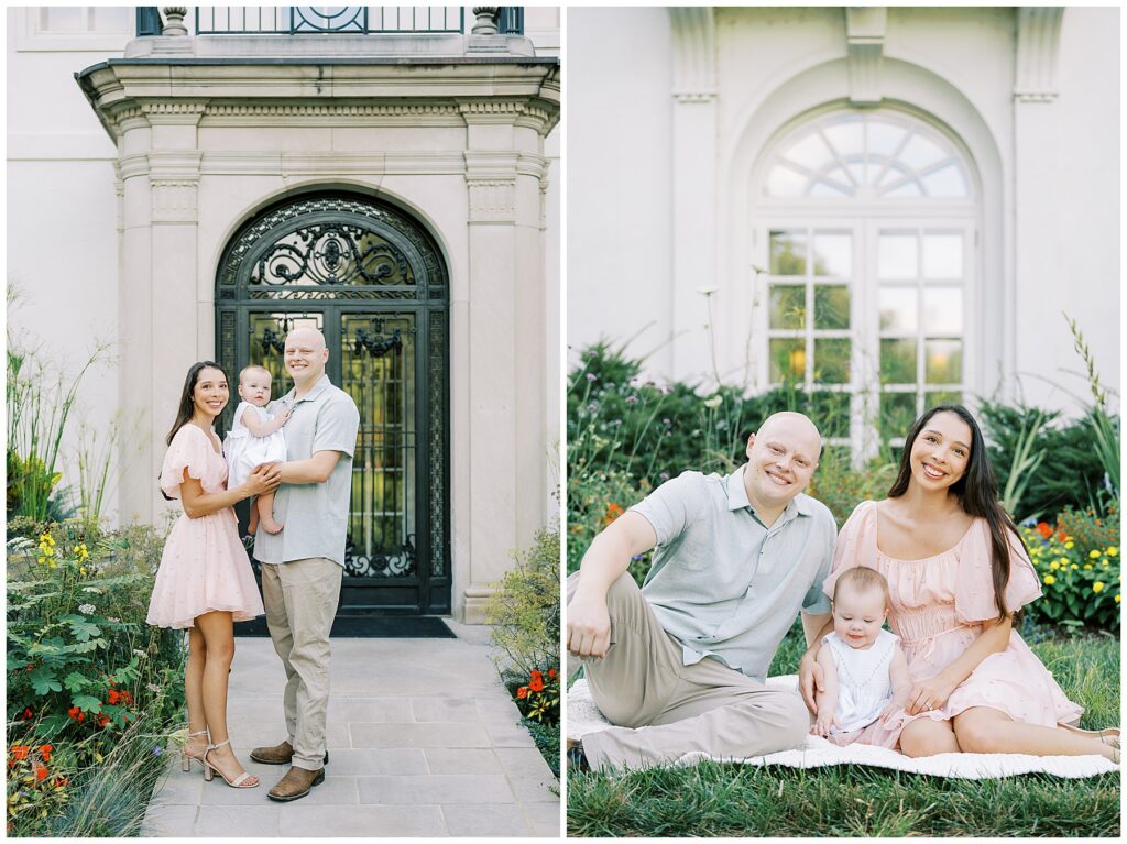 First birthday photos with parents outside of Newfields in Indianapolis