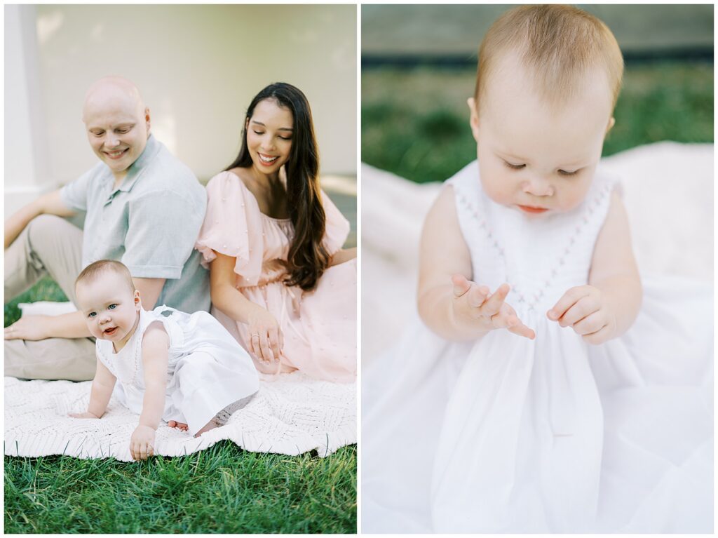Milestone session with one year old outside on blanket
